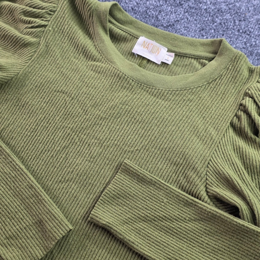 Nation LTD Ribbed Knit Puff Sleeve Top L Green Crew Neck Tencel Modal New‎
